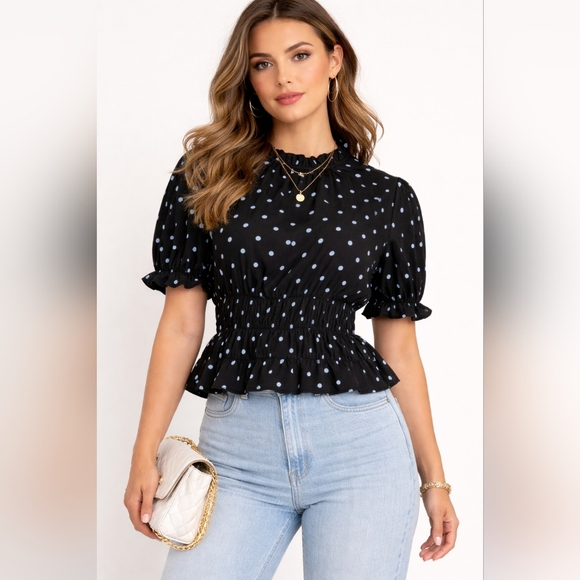 Who What Wear Tops - Who What Wear Blouse Black Size Large Polka Dot Puff Sleeve Smocked Casual
